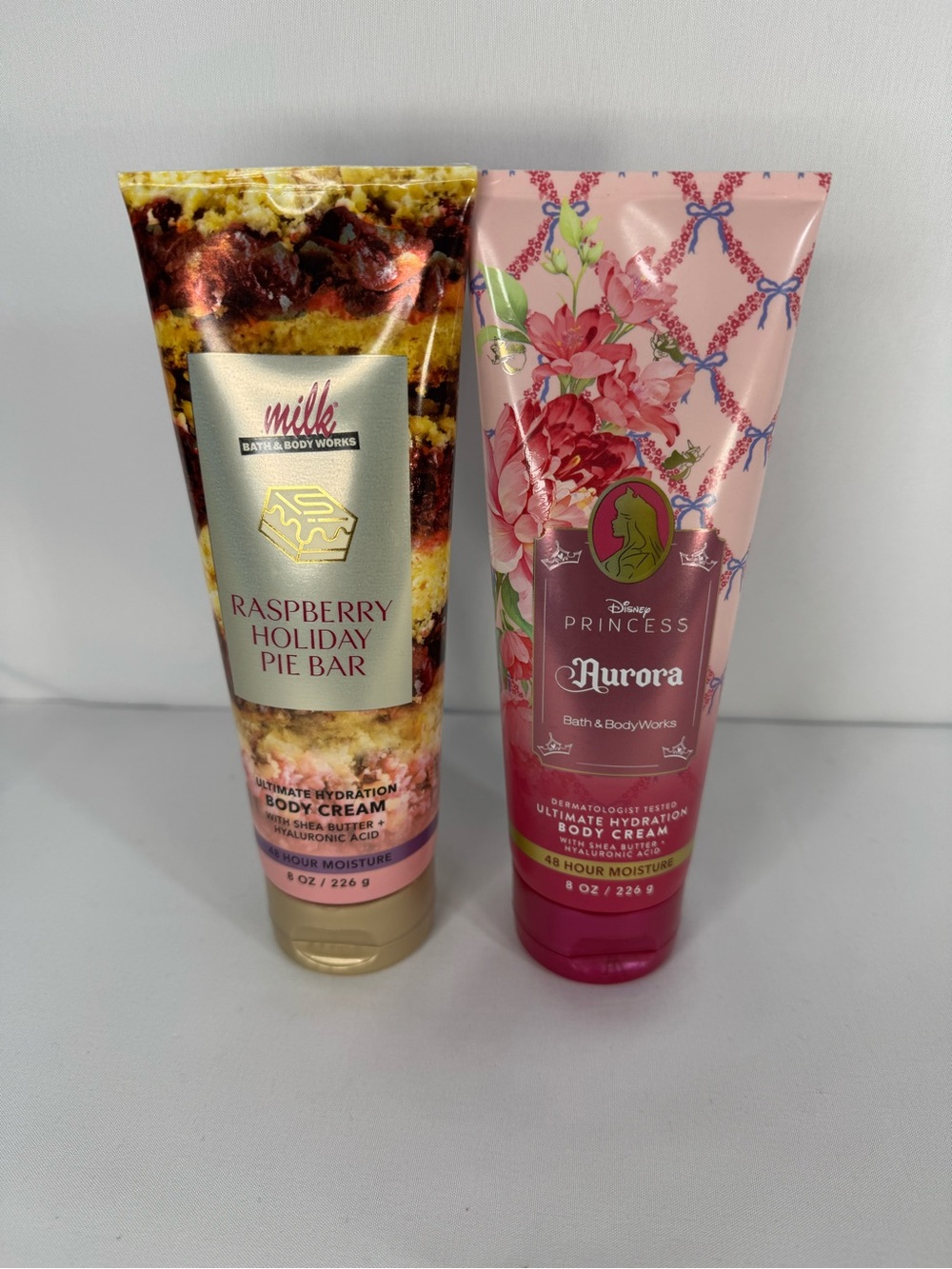 Bath & Body Works Raspberry Holiday Pie Bar & Aurora Pink Floral Body Creams